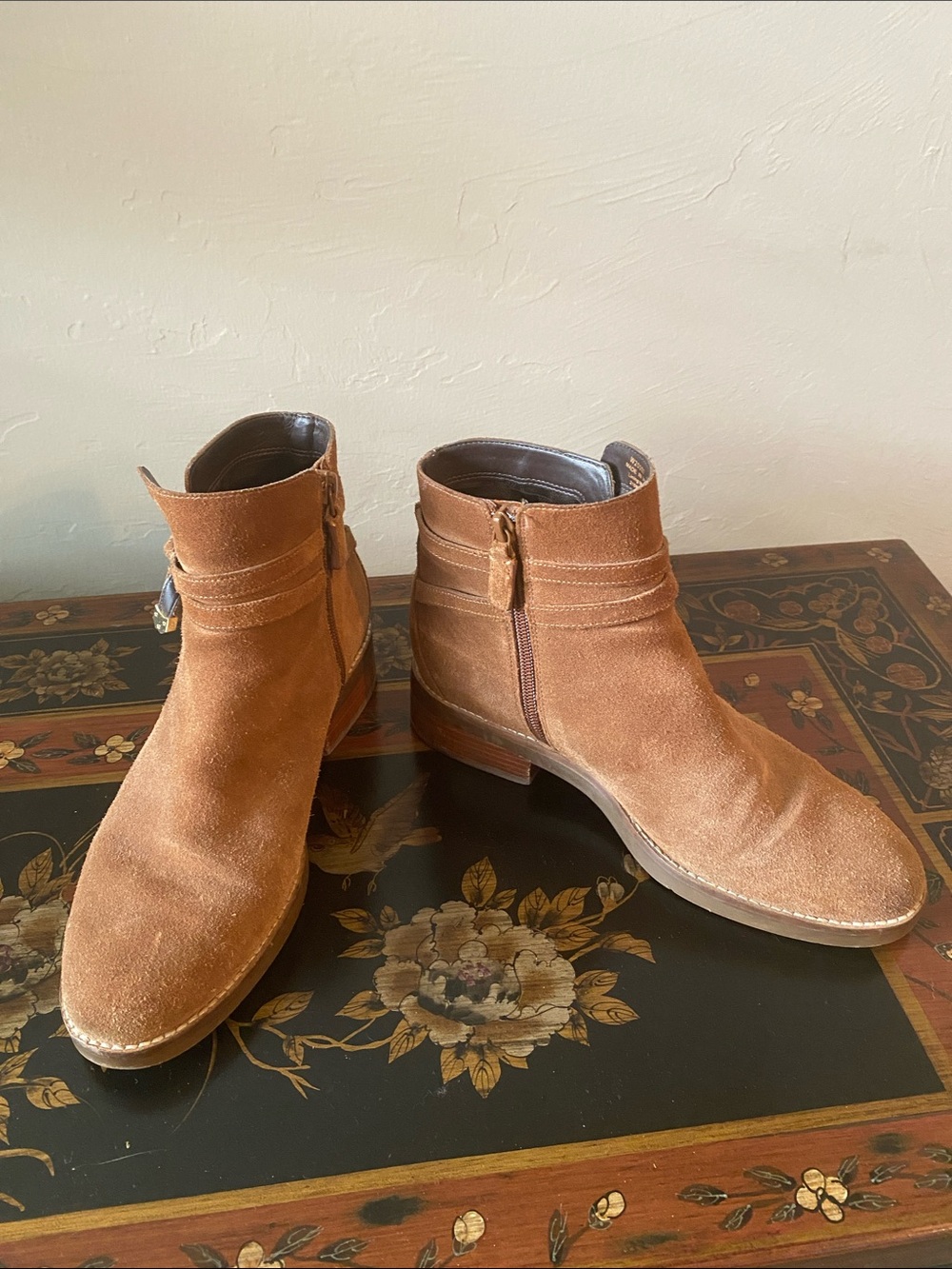 Cole Haan Tan Suede Ankle Booties w Gold Accents